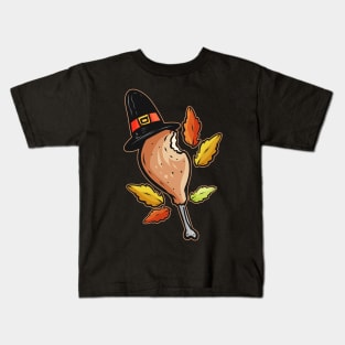 Turkey Leg Drumstick With Pilgrims Hat Thanksgiving Kids T-Shirt